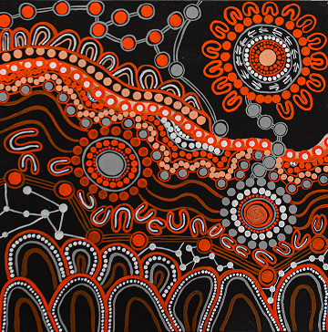 Abstract Indigenous art with vibrant red, blue, and white patterns. 