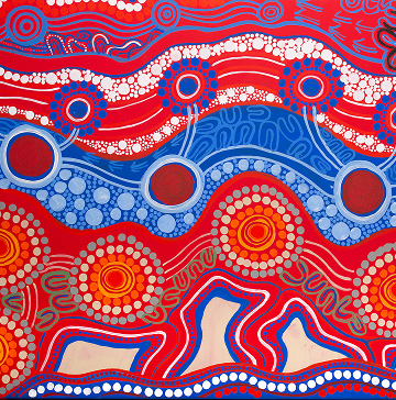 Abstract Indigenous art with circular and wavy designs evoke nature and movement, creating a dynamic, cultural expression.