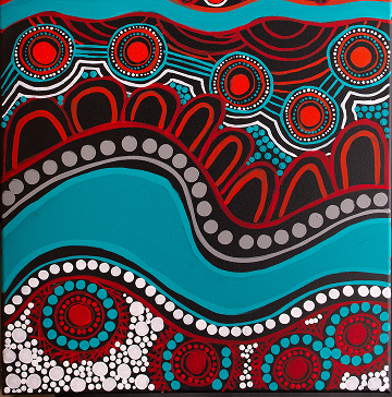 Abstract Indigenous art with circular and wavy designs evoke nature and movement, creating a dynamic, cultural expression.