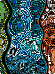 'Boodja' painting by Kevin Bynder representing the diversity amongst First Nations mob and Peoples, depicting people from saltwater and freshwater