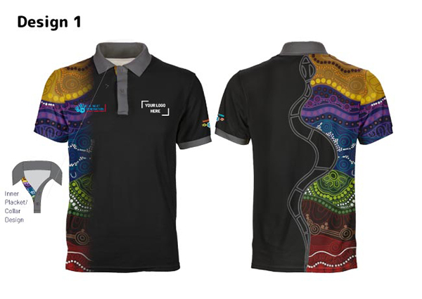 A vibrant polo shirt with a black base, decorated with colorful, abstract patterns on the side