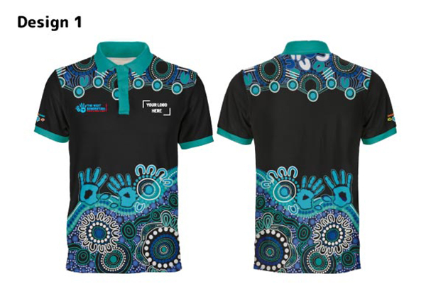 Collared shirt design with bold Indigenous-inspired patterns in blue and green on a black
