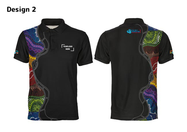 Black polo shirt with abstract tribal patterns in vibrant colors on sides and sleeves