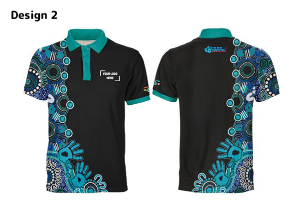 Black polo shirt with teal collar, featuring an intricate blue and teal Aboriginal-inspired pattern on the sides and sleeves