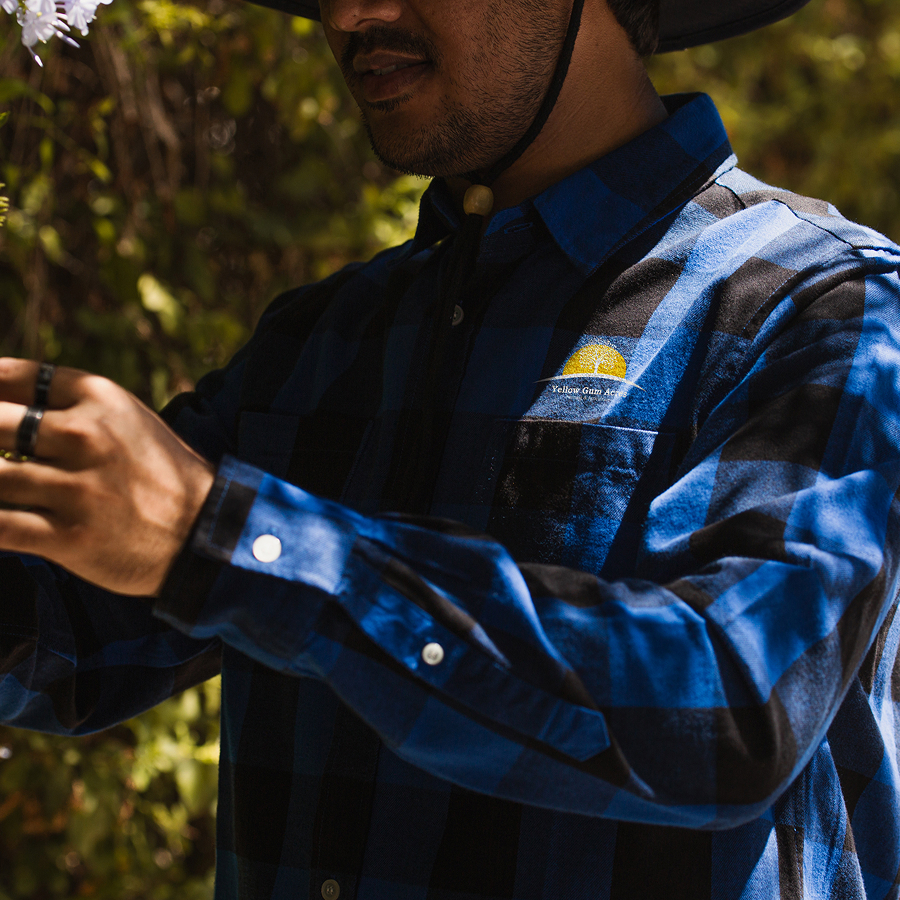 A person wearing a blue and black checkered shirt and a hat examines flowers in sunlight.