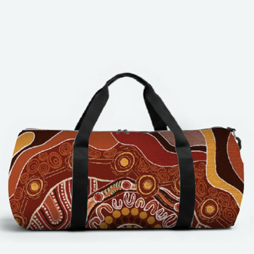 A duffel bag with Kevin's 'Ochre' artwork