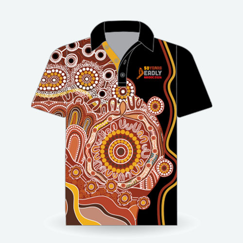 A black polo shirt featuring Kevin's 'Ochre' artwork