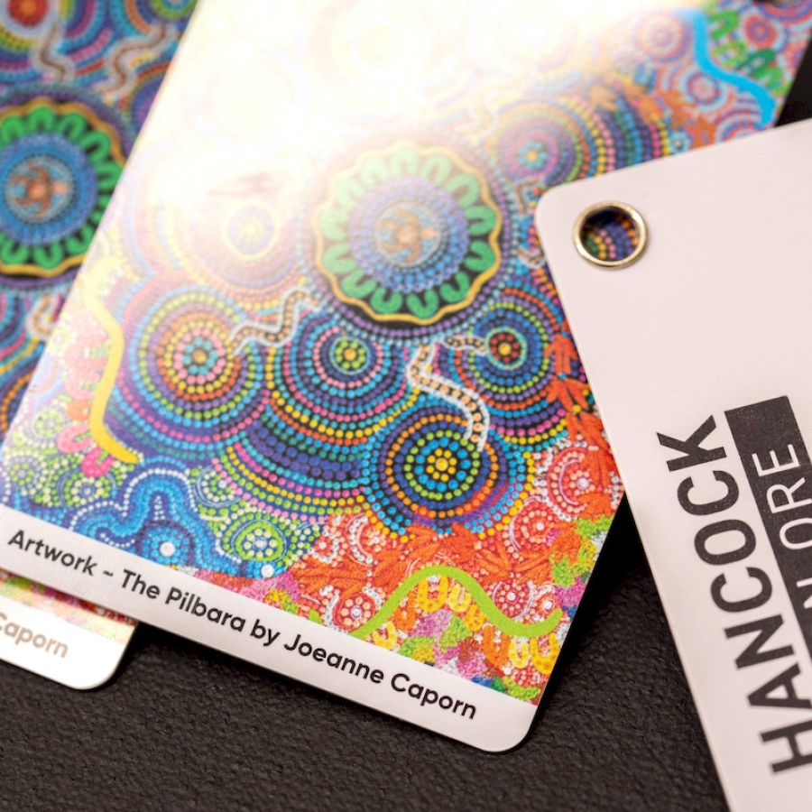 Colorful seed packets for Swan River Daisy with vibrant blue and red Aboriginal-inspired designs on a brown background. Fun and artistic.