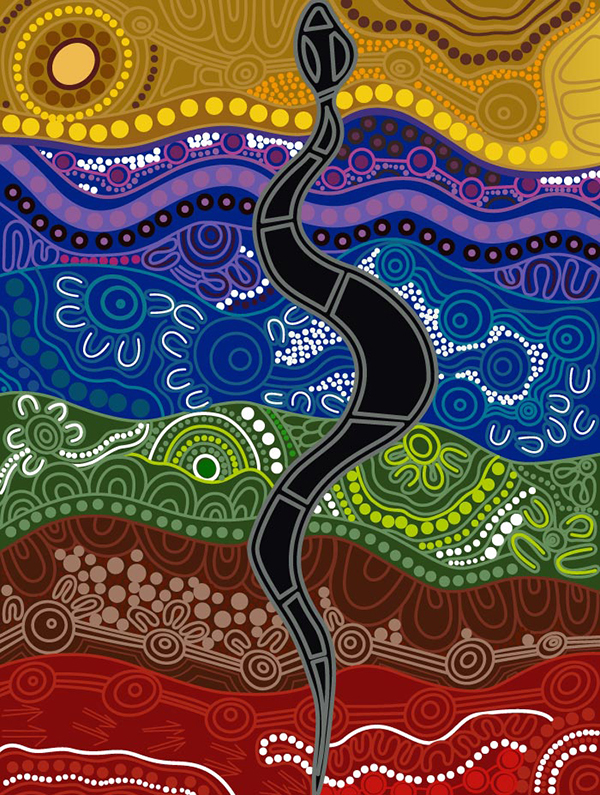 Abstract painting with wavy lines and dotted patterns in earth tones, blues, and greens with a central black, snake-like shape