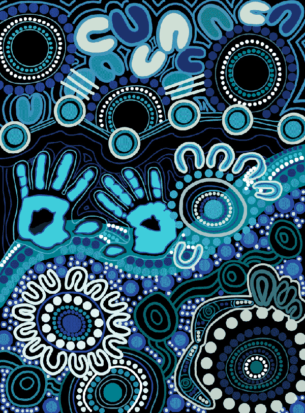 Abstract art with blue and black colour palette, featuring circular patterns, handprints, and wavy lines