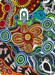 This painting represents Aboriginal and Torres Strait Islander Peoples and honours the sacred strength and survival that connects all First Nations People