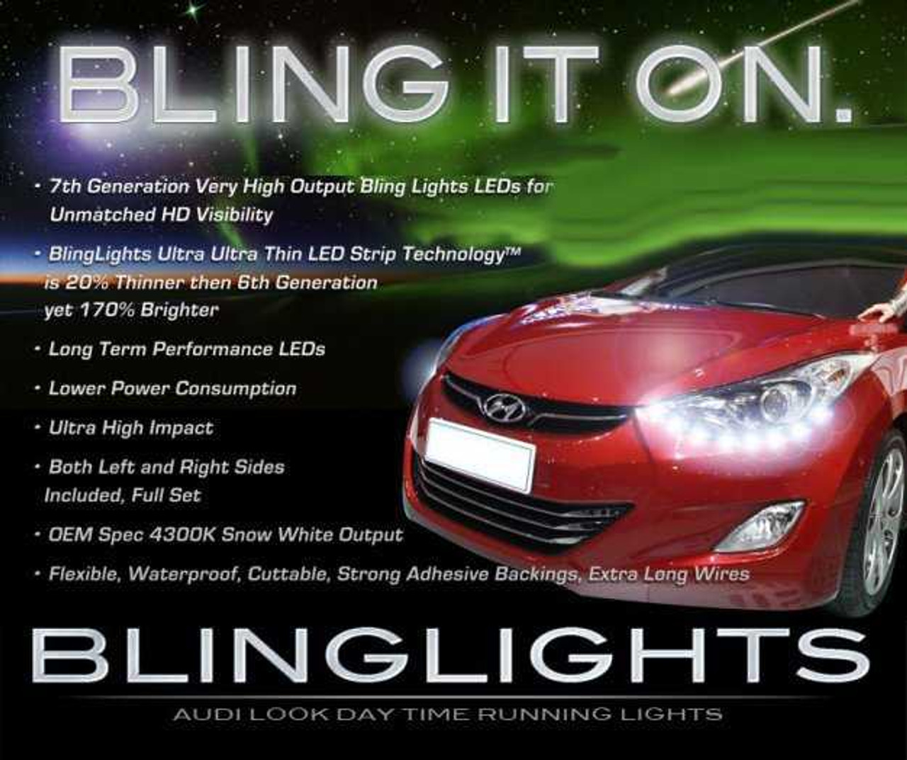 2011-2014 Hyundai Elantra LED DRL Head Light Strips Kit Day Time Running Lamps