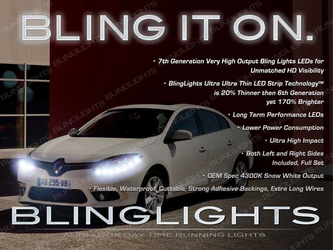 Renault Fluence LED DRL Head Light Strips Kit Day Time Running Lamp Set Pair