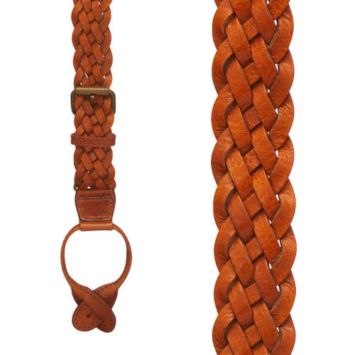 TAN Handwoven Braided Leather Suspenders - 1 Inch Wide Button
