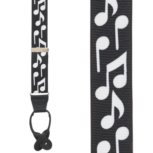 White Music Notes on Black Suspenders - BUTTON