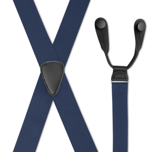 NAVY BLUE 1.25-Inch Elastic X-Back Suspenders, Brass - Button On Ears