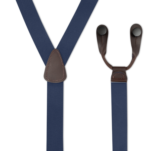 NAVY BLUE 1.25 Inch Y-Back Suspenders, Brass -  Brown Button On Ears