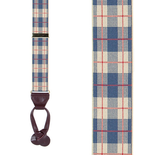 Beige Plaid Suspenders - 1.5 Inch Wide Button