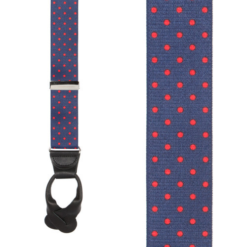 Polka Dot Suspenders - Red on Navy 1.5 Inch Wide Button