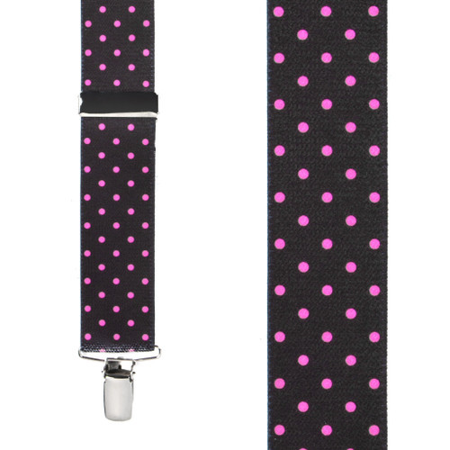 Pink Polka Dots on Black Suspenders - 1.5 Inch Wide Clip