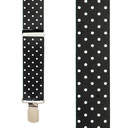 Polka Dot Suspenders - White on Black 1.5 Inch Wide Small Pin Clip