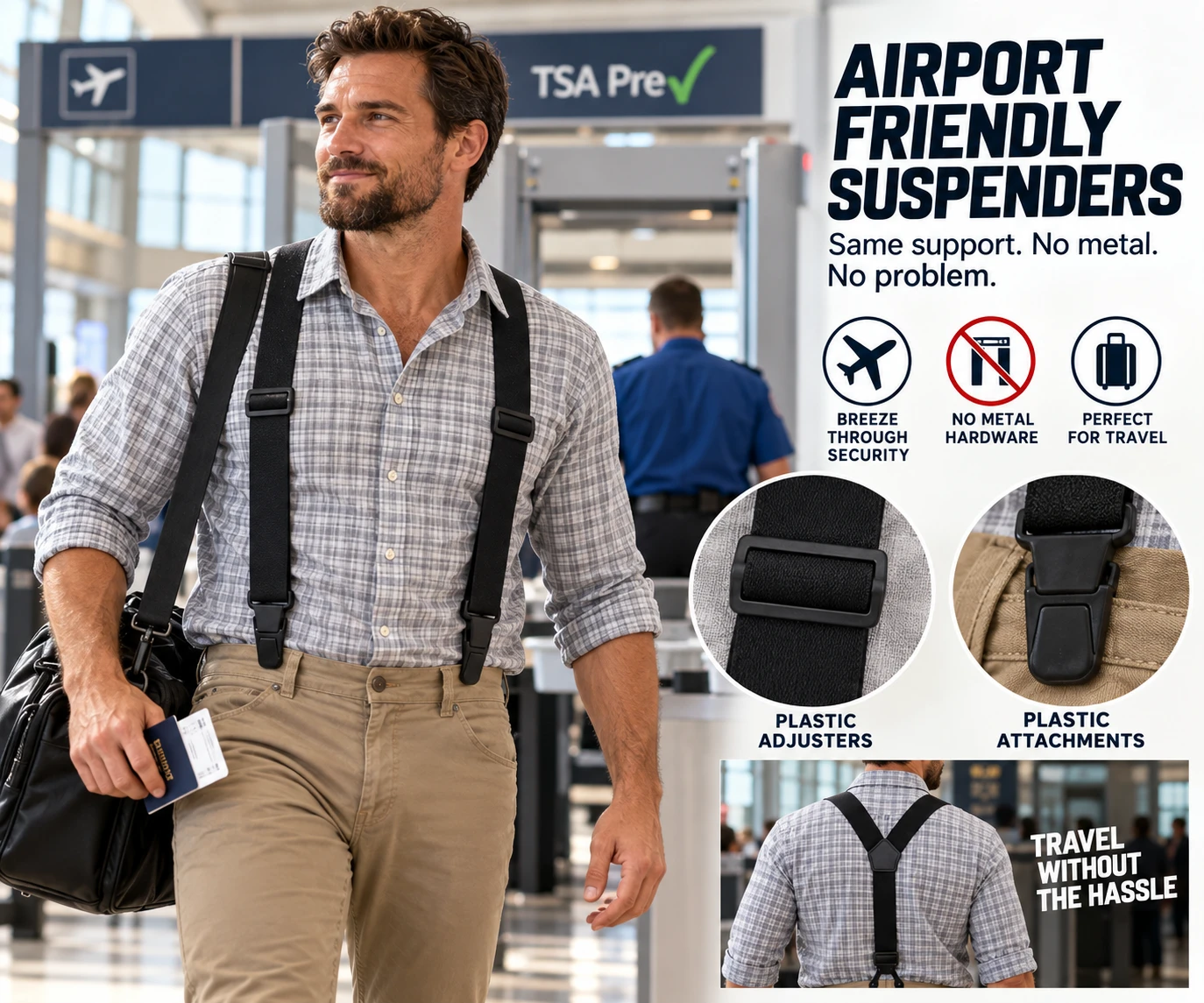 Traveler wearing Mars airport-friendly suspenders with plastic clips