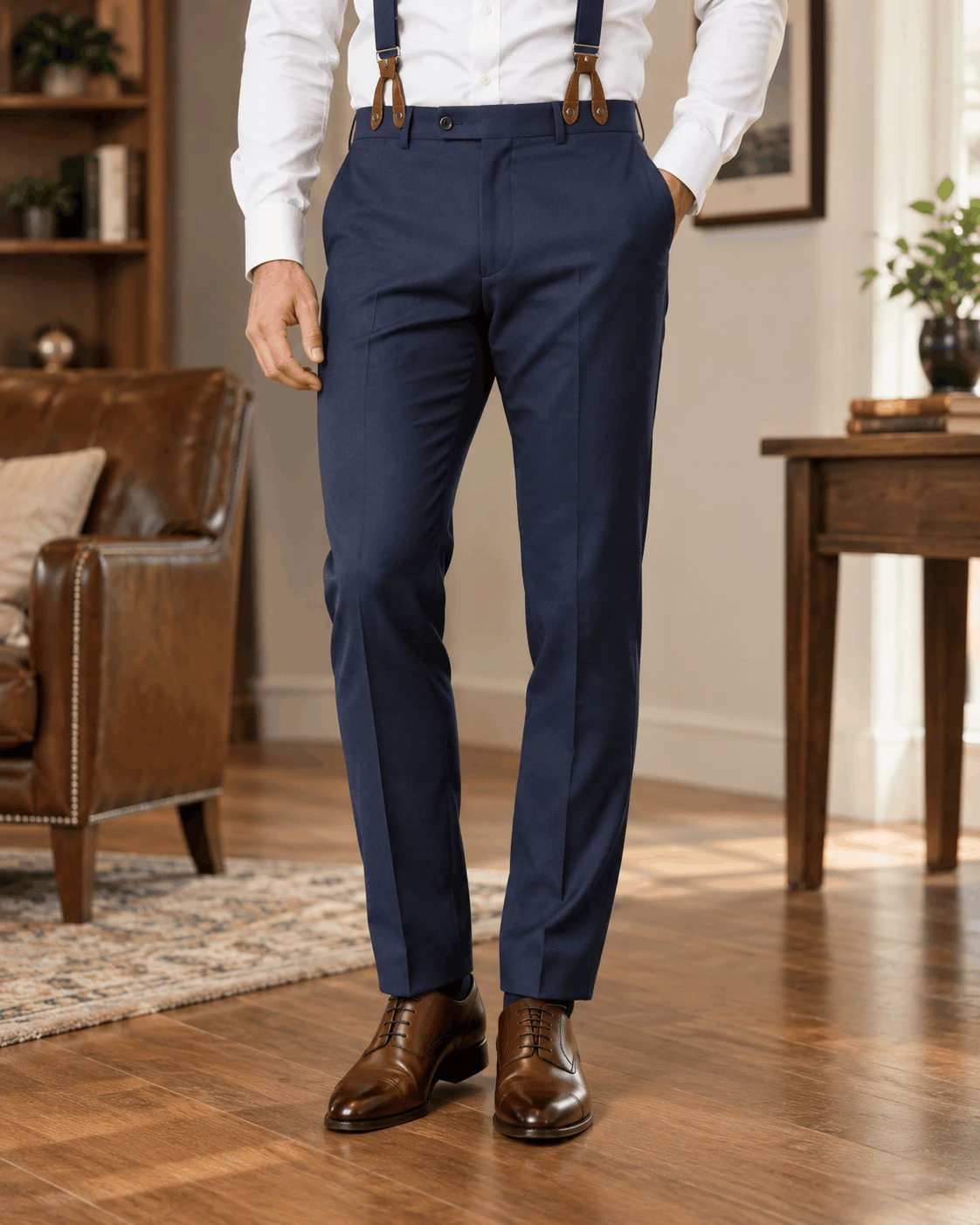 Navy suspenders with brown leather button-on ears matched to brown leather dress shoes