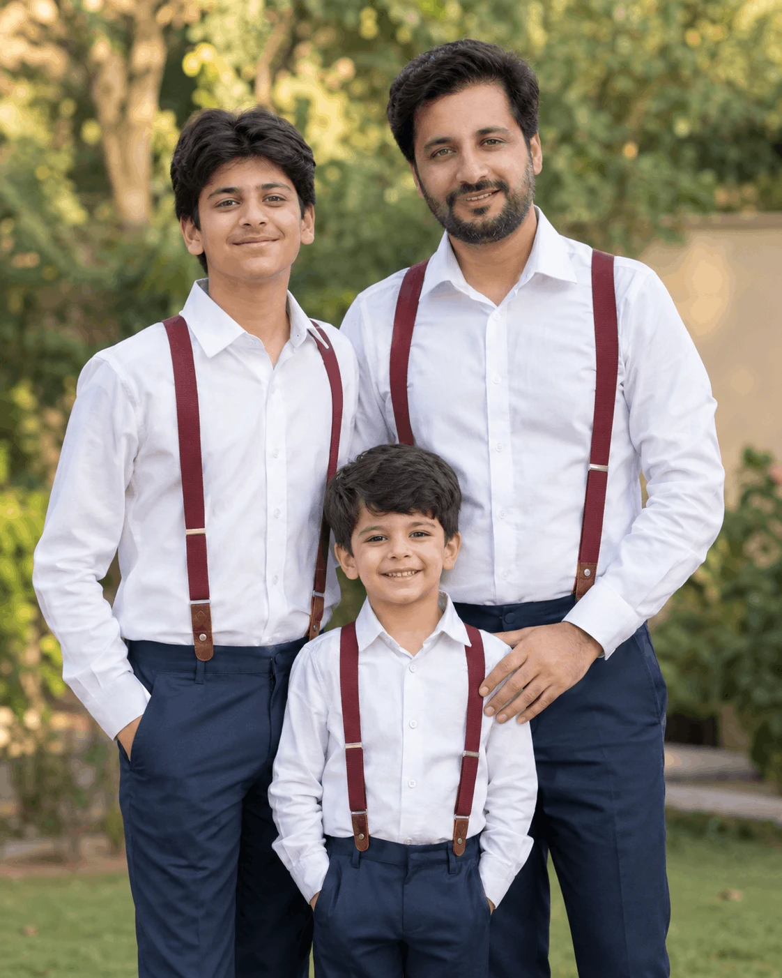 Father, teenage son, and young child wearing matching suspenders in different sizes