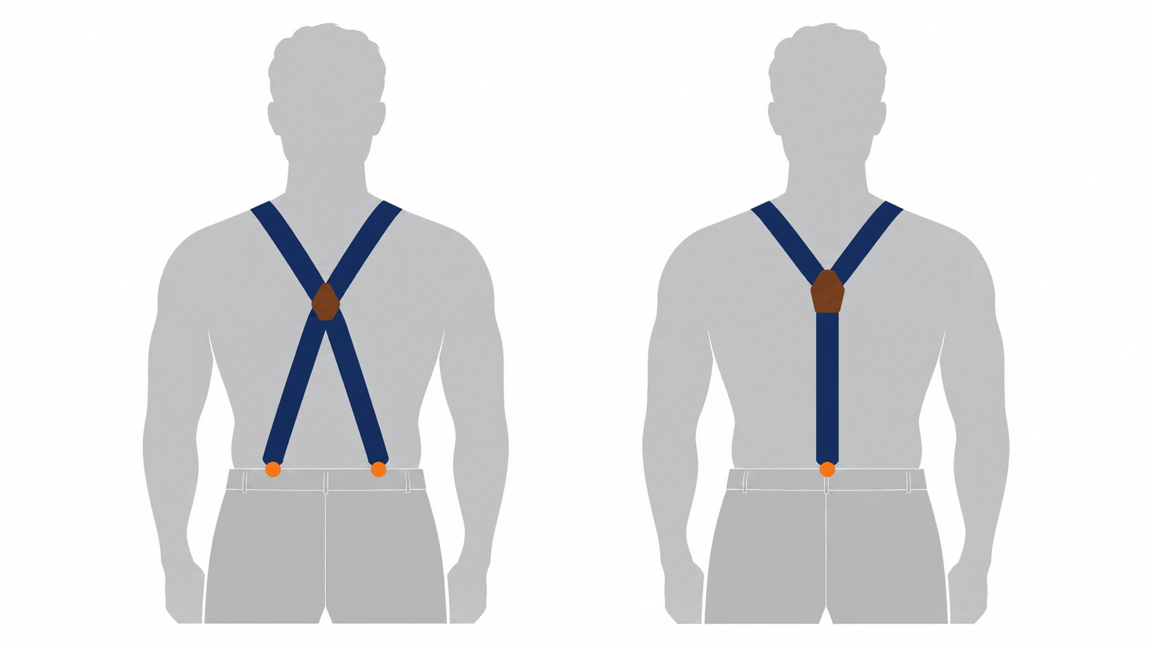 Diagram comparing X-back and Y-back suspender strap shapes and attachment points
