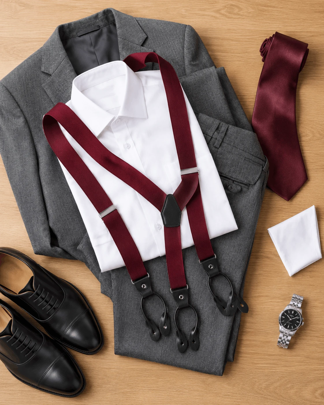 Flat lay of a grey suit and white dress shirt styled with burgundy suspenders and a matching tie