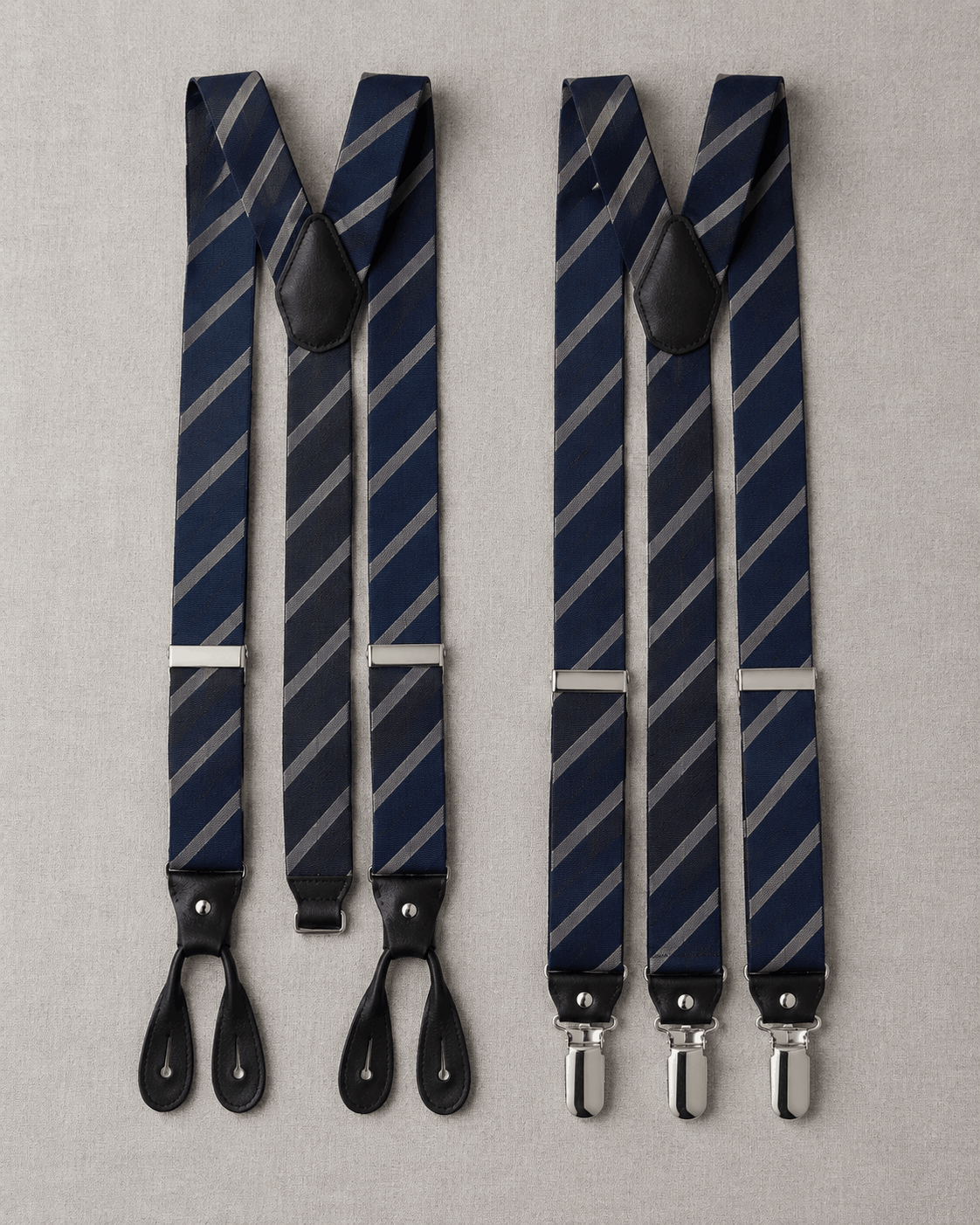 Button-on braces with leather ends next to clip-on suspenders with metal clips