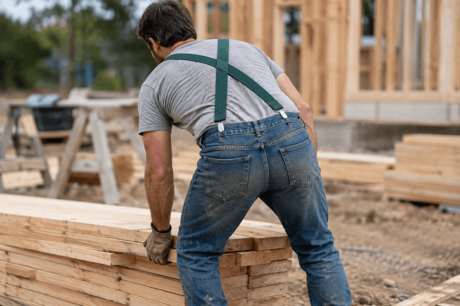 Man wearing X-back work suspenders while bending on a job site