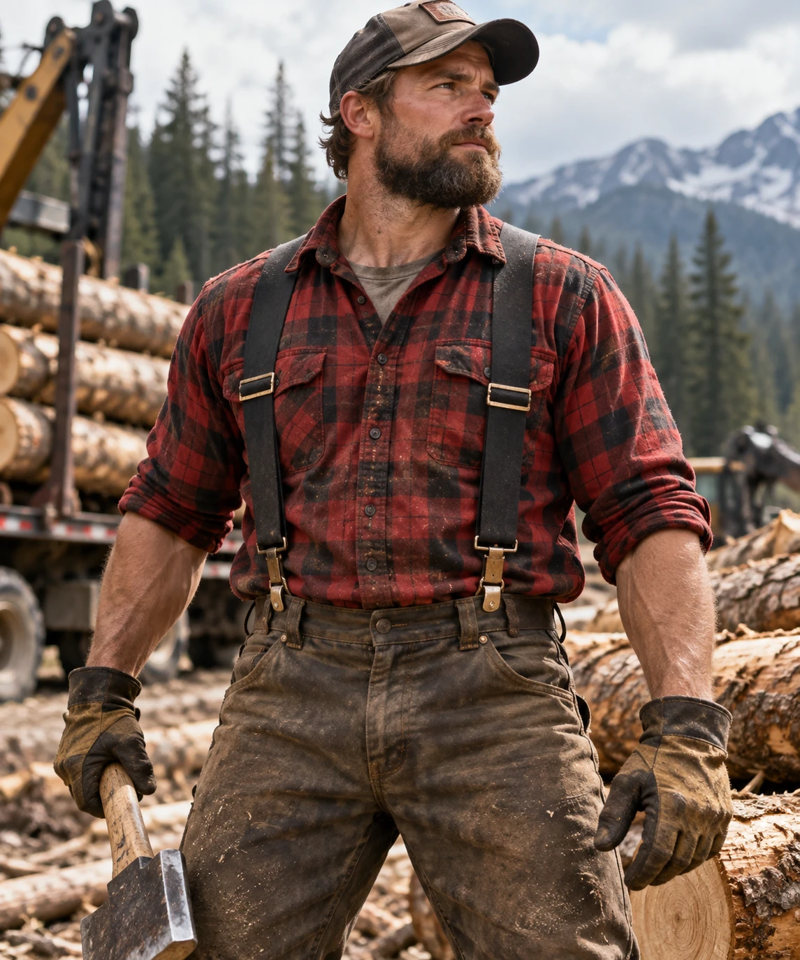 Lumberjack in a mountain forest wearing Mars logger suspenders