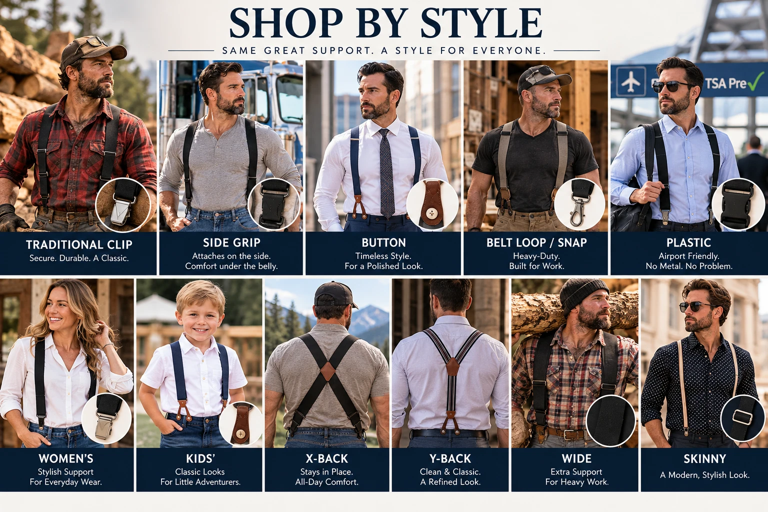 Different suspender styles for men, women, work, weddings, and everyday fashion