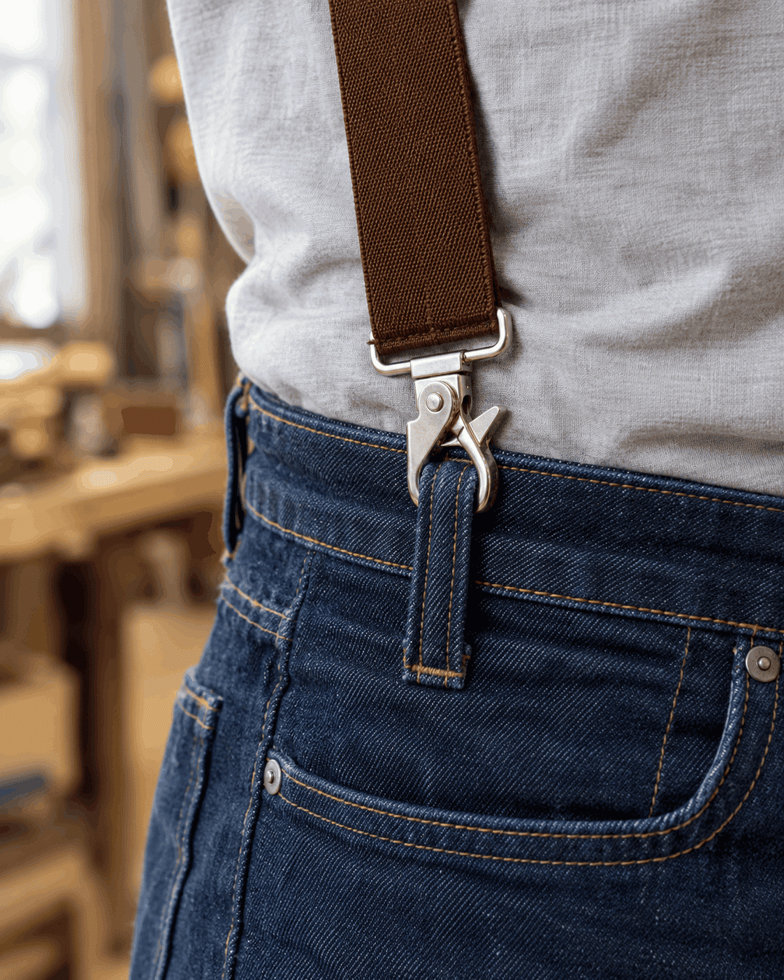 Suspender trigger snap hooked through the belt loop of work jeans