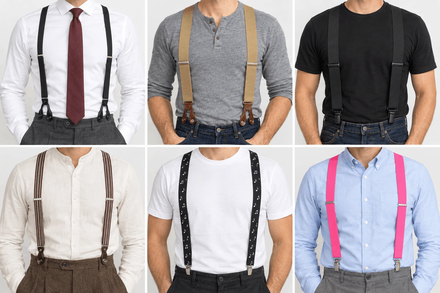 Six suspender styles side by side: classic, work, minimalist, vintage, novelty print, and bold color