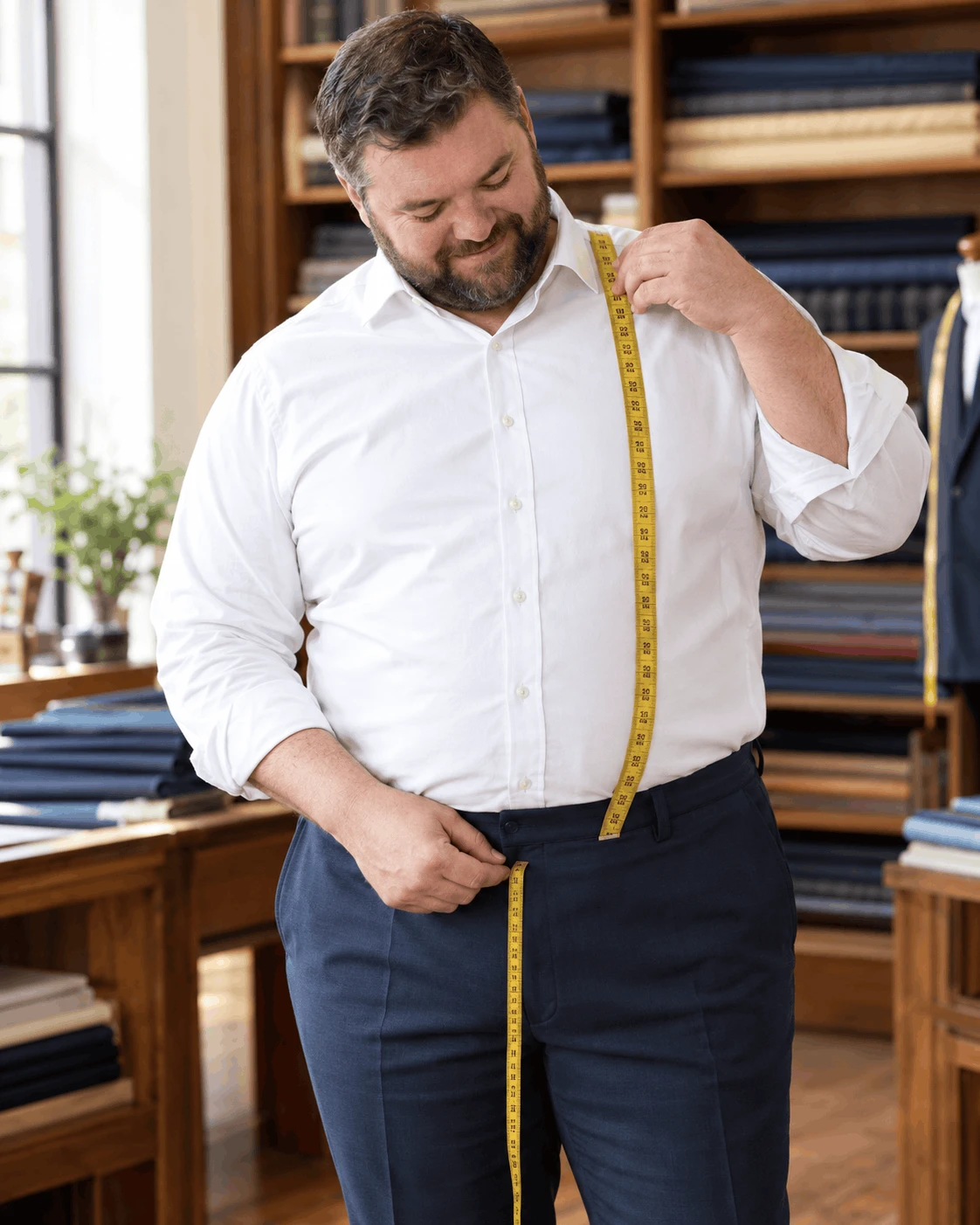 Man measuring suspender length over his stomach from front waistband to back waistband