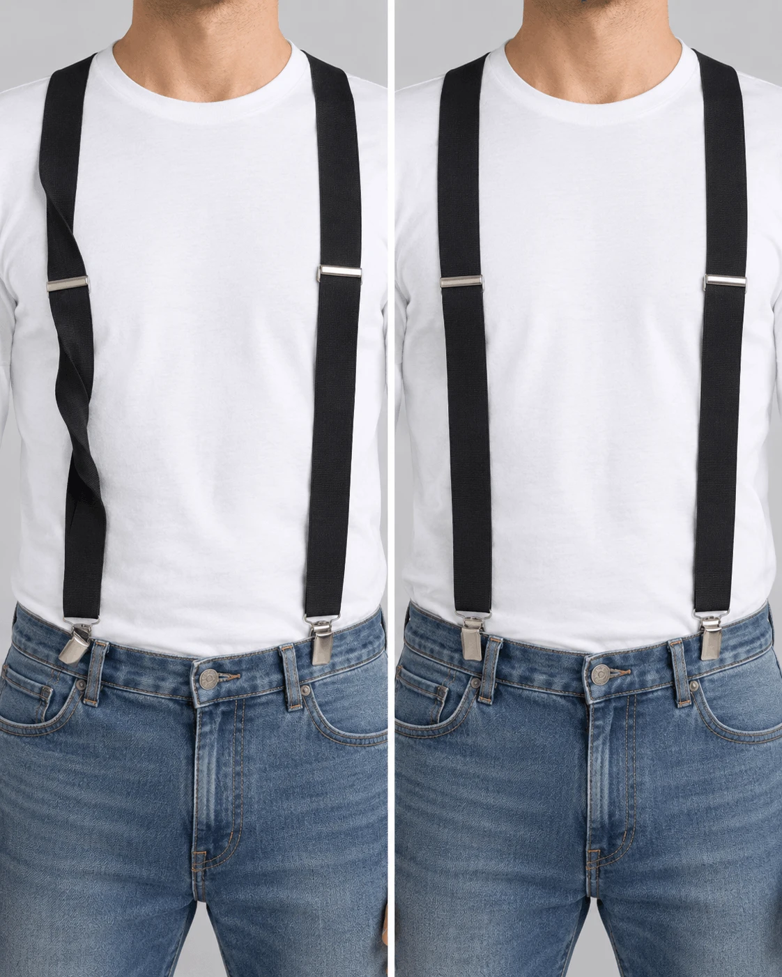 Twisted suspender strap compared with a properly worn flat suspender strap