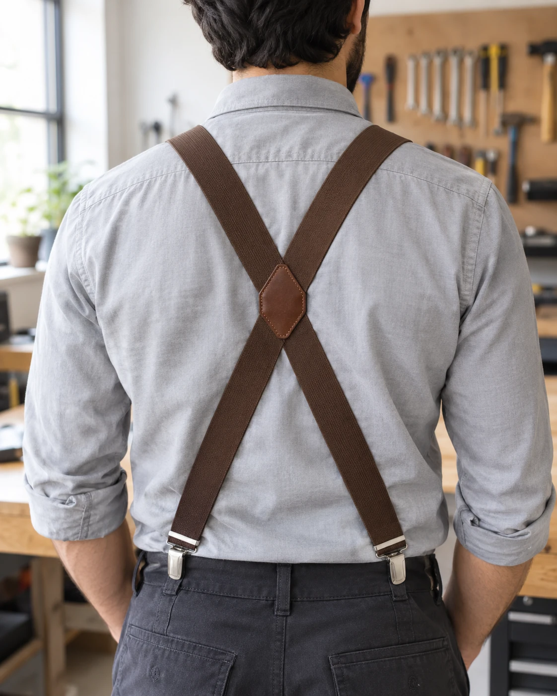 Back view of Mars X-back suspenders showing the crossed straps and leather back patch