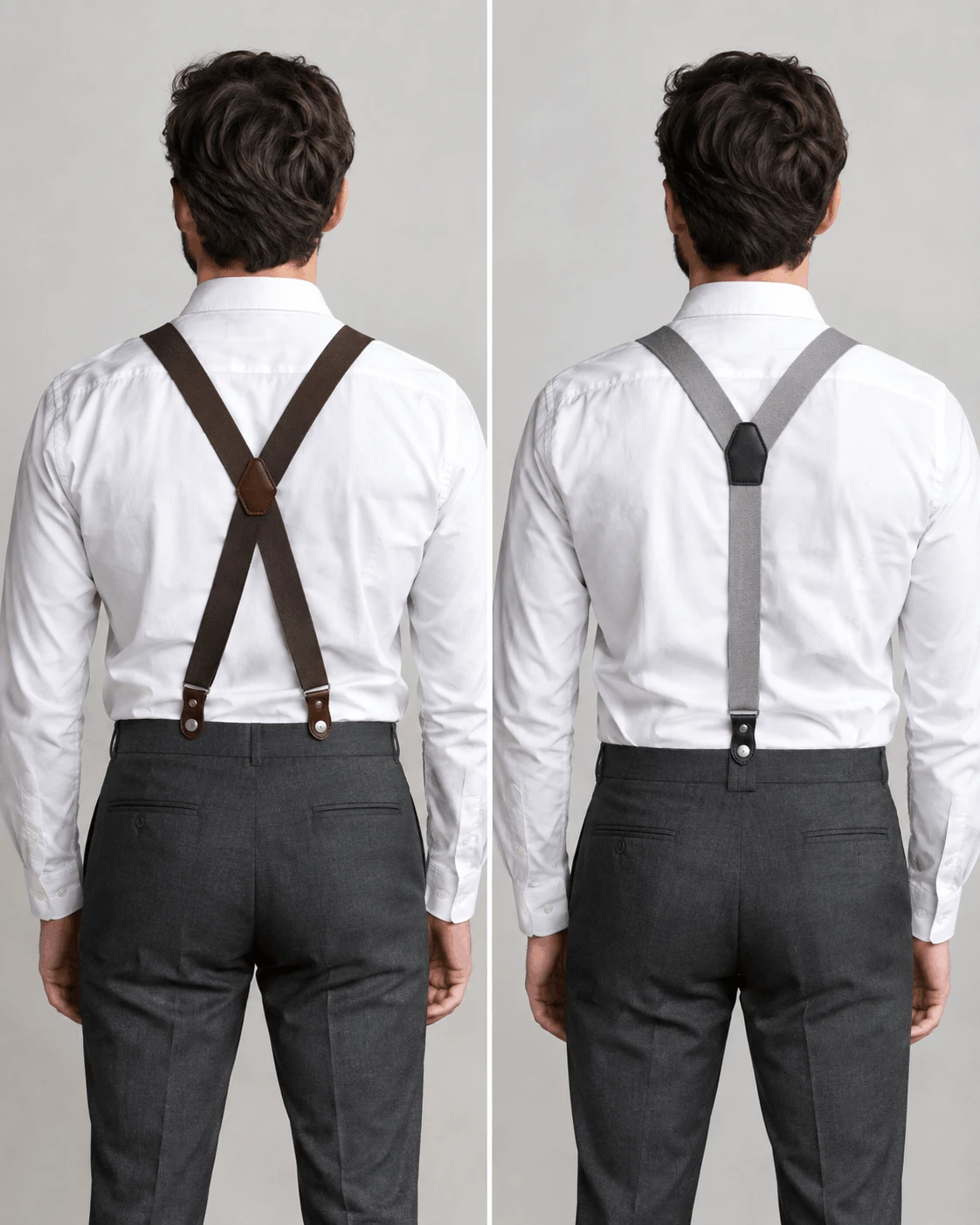 Side by side back view of X-back and Y-back suspenders worn over a white dress shirt