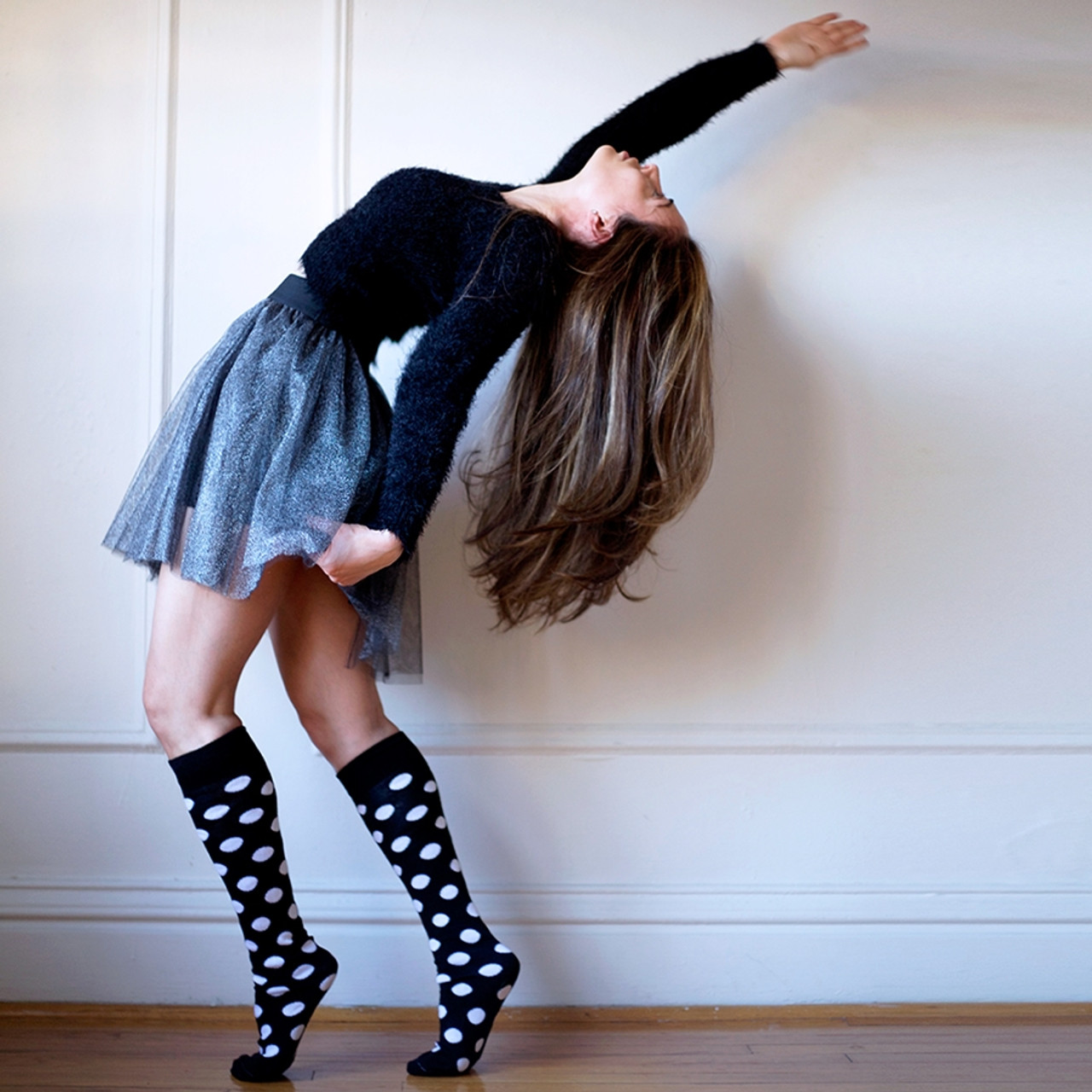 polka dot socks with cute skirt and long sleeve black top