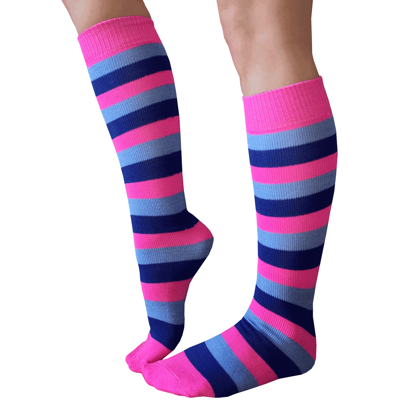 Blue leggings, striped fuzzy socks and pink knee high sock…