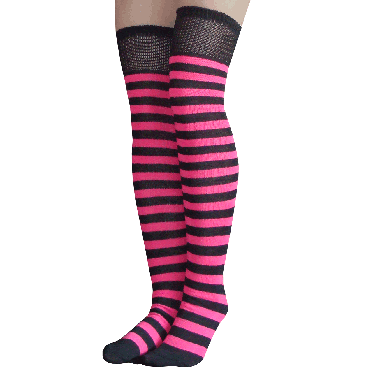 Black and Neon Pink Athletic Striped Thigh Highs