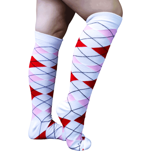 White, pink, red argyle socks