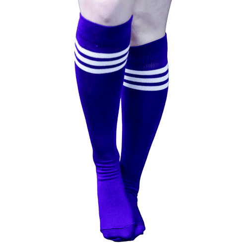 white/purple socks with stripes