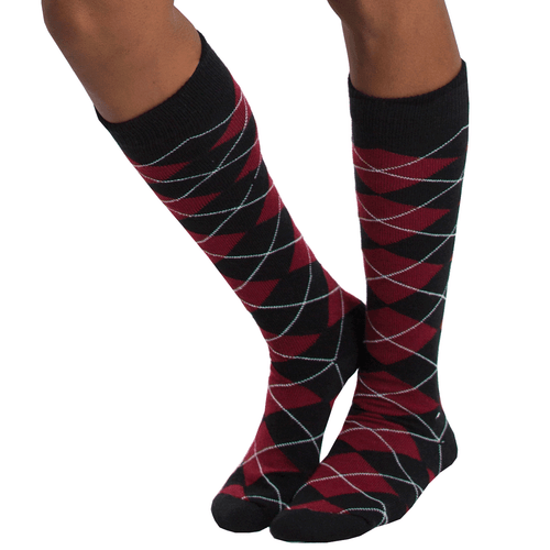 black and maroon argyle socks