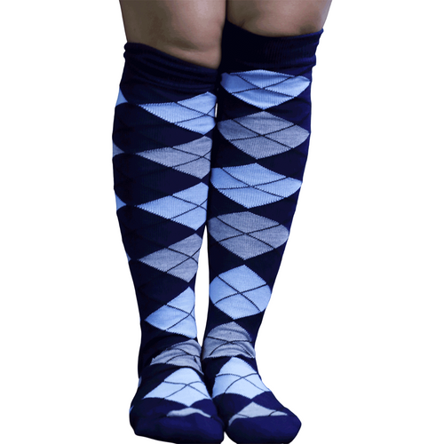 navy blue, gray, light blue, argyle socks