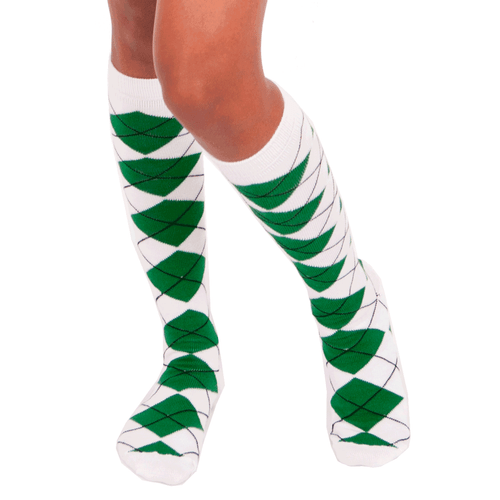 white green argyle knee socks