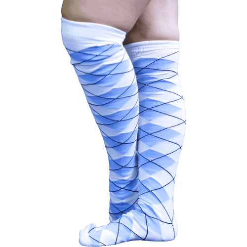 white blue argyle knee socks