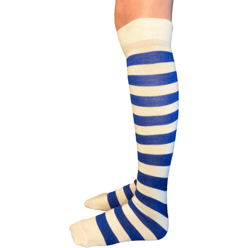 white and royal blue striped socks